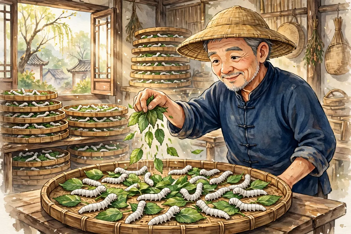 Feeding silkworms on bamboo trays